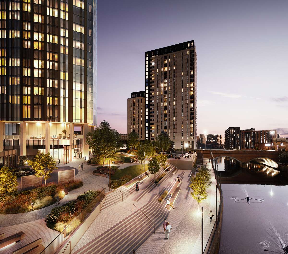 Architect’s rendering of the riverside plaza with cascading steps, bench seating, planting and the river beyond