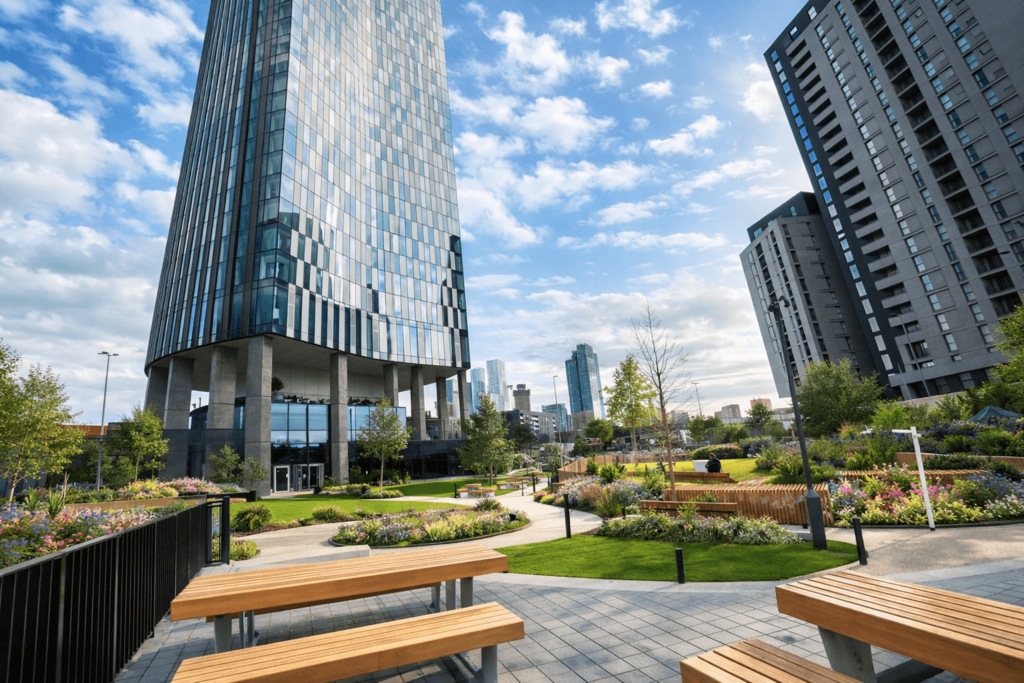Landscaped garden with wooden picnic tables, curved benching, raised flower beds and lawns at the base of the towers