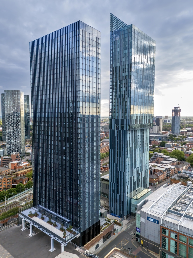 Aerial view of the Viadux tower rising above the city, with Beetham Tower to the right