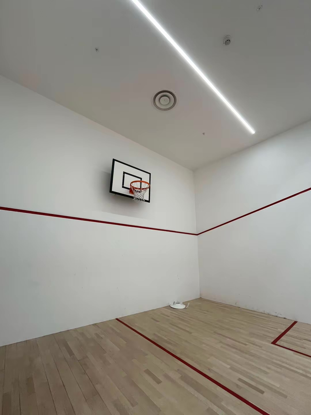 Indoor sports court with a basketball hoop and marked wooden floor